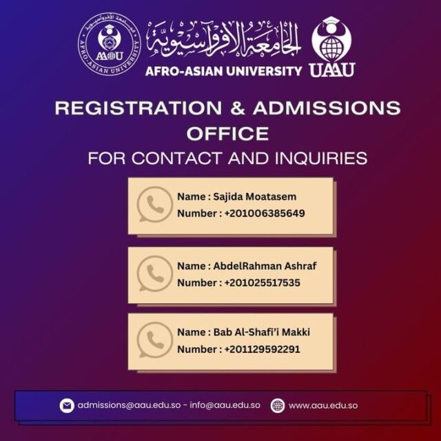 To contact the Registration and Admission Office at the Afro-Asian University currently.